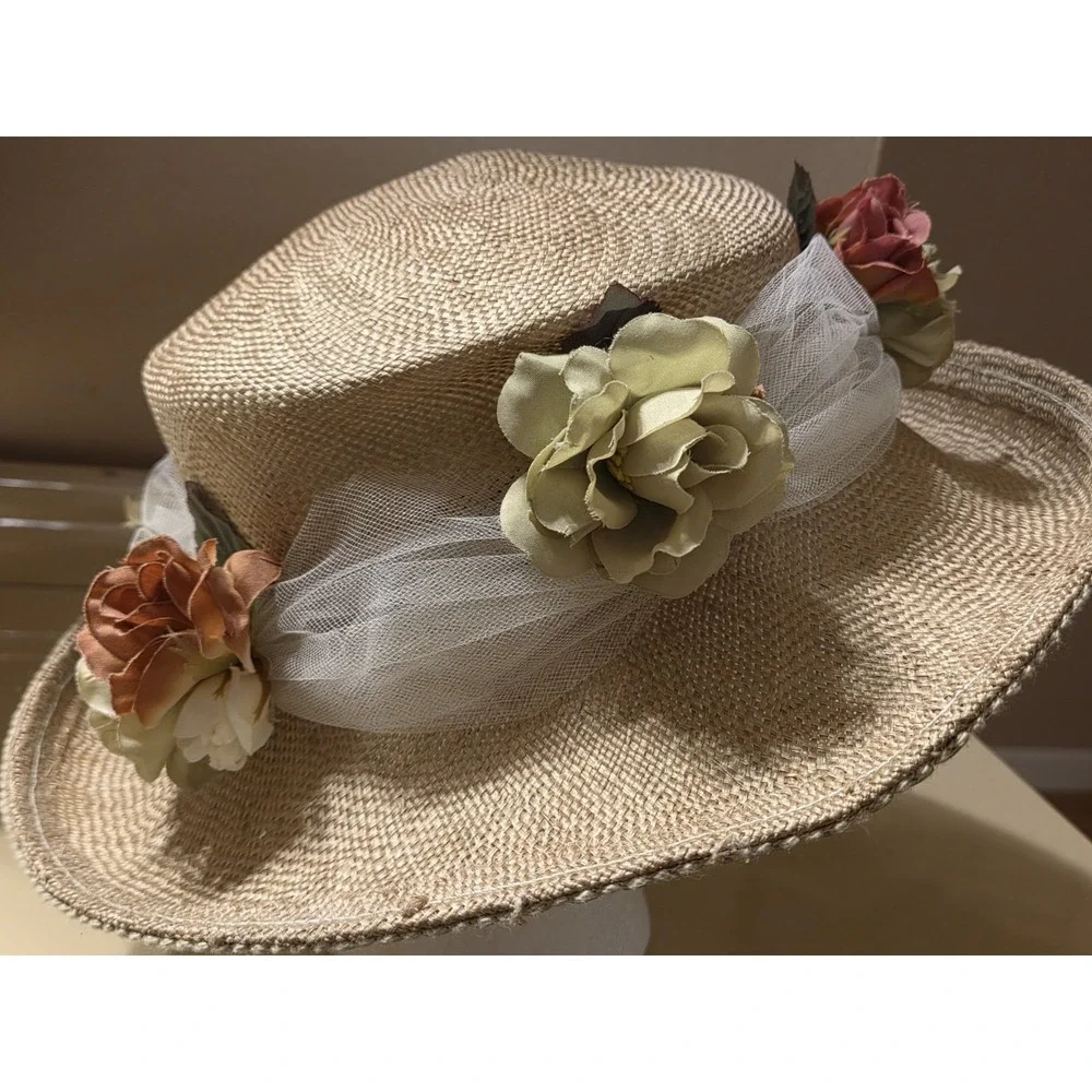 Deborah Rhodes Mocha Wide Brim Hat Sinamay Floral Derby Church Wedding 22.5